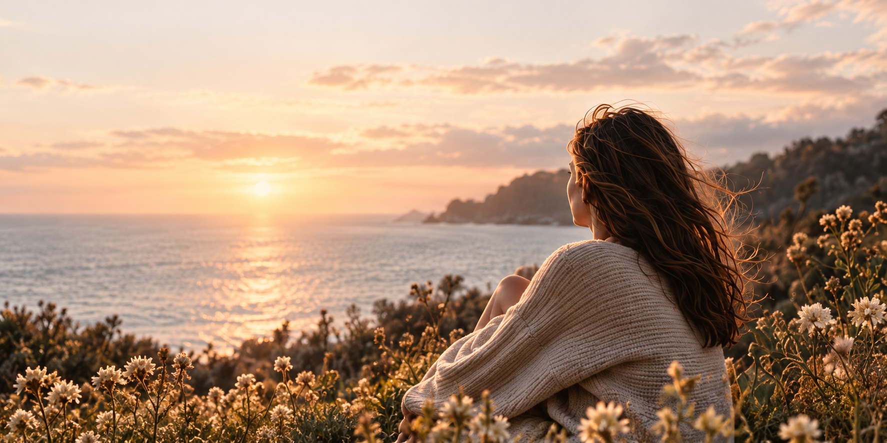 A woman in a soft knitted cardigan looking out across the coast at sunset
